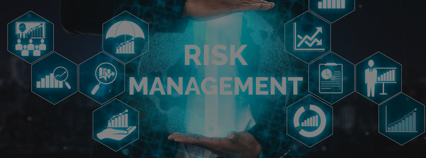 A digital graphic illustrating risk management strategies in modern technology and cybersecurity environments