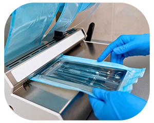 A person with blue gloves is holding a plastic bag, suggesting an action related to cleanliness or safety