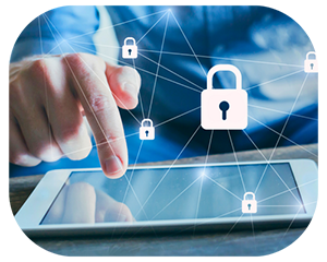 A hand touches a tablet displaying a padlock icon, symbolizing security or privacy features