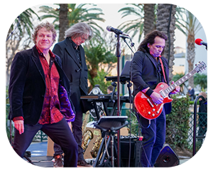 A band performs on stage surrounded by palm trees, creating a vibrant tropical atmosphere