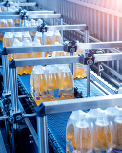 A line of bottles moving along a conveyor belt in a production facility