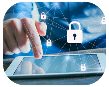 A hand touches a tablet displaying a padlock icon, symbolizing security or locked content
