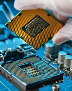 A person holds a processor chip above a motherboard, showcasing the intricate connections and components of the device