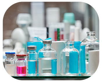 A shelf displaying various vials and bottles, showcasing a range of shapes and sizes